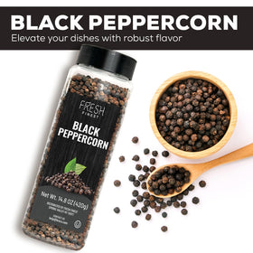Fresh Finest Black Peppercorns packaging 14oz preserves freshness for meals.