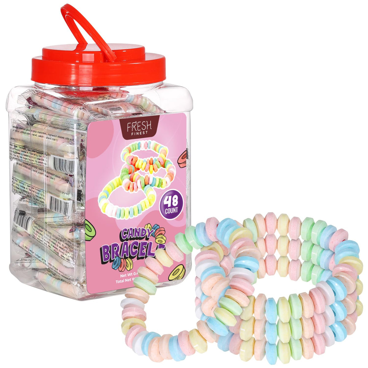 Fresh Finest candy bracelets displayed in a clear jar for a retro party centerpiece.