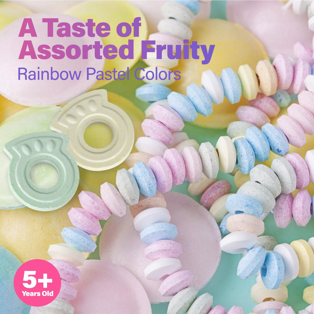 Close-up of Fresh Finest candy necklaces, glossy coating and sweetness.