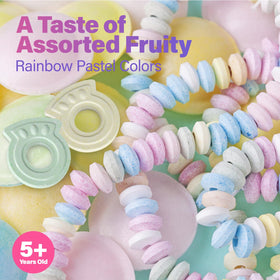 Close-up of Fresh Finest candy necklaces, glossy coating and sweetness.