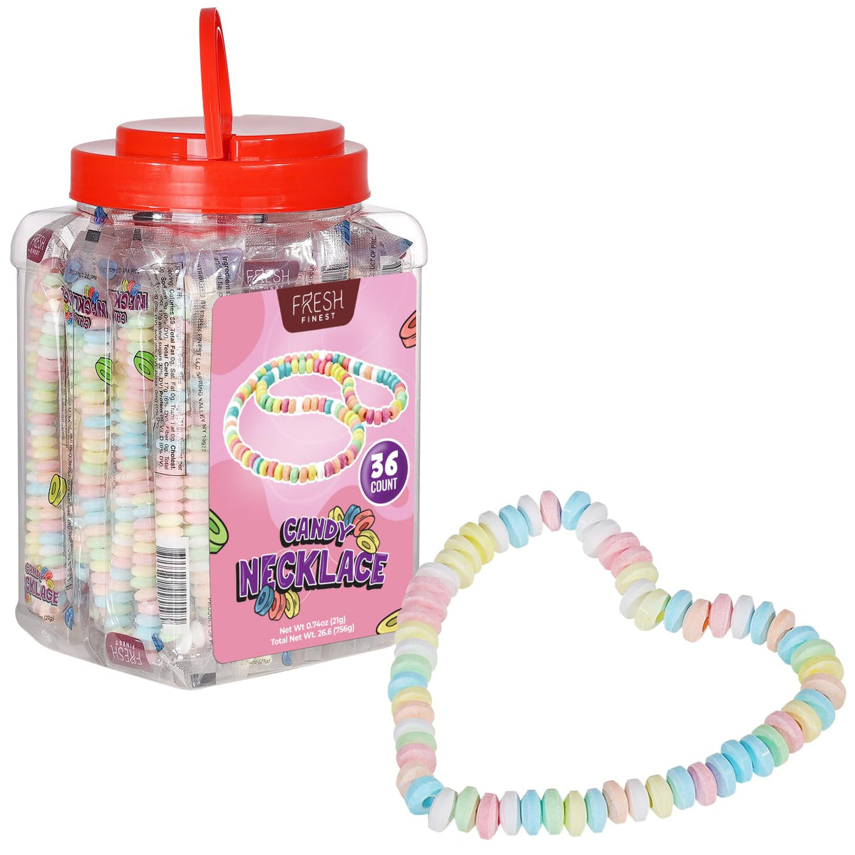 Fresh Finest candy necklaces pastel display jar, perfect party decor and snack centerpiece.