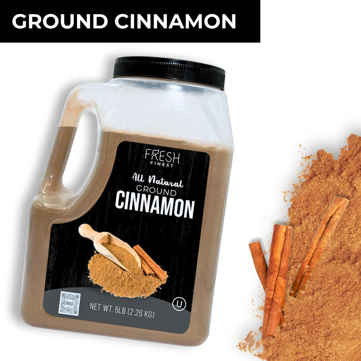 Fresh Finest cinnamon powder dusting on dessert highlighting warm spice and color.