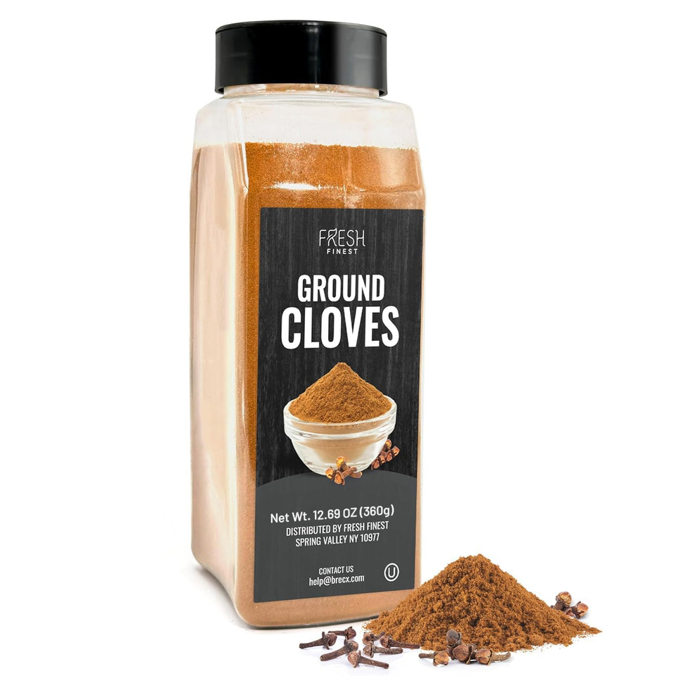 Fresh Finest Ground Clove jar with rich powder, ideal for baking.