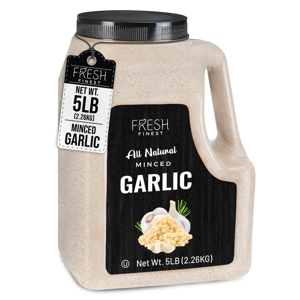 Fresh Finest Minced Garlic bulk 5lb pack for easy pantry storage and long-lasting flavor.