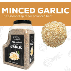 Fresh Finest Minced Garlic flakes close-up highlighting dense texture and aroma.
