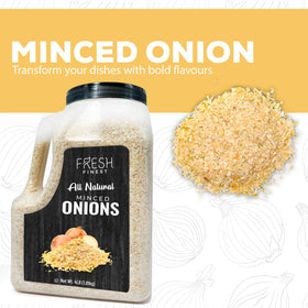 Fresh Finest minced onions 4lb bag open, ready to boost casseroles and rubs.