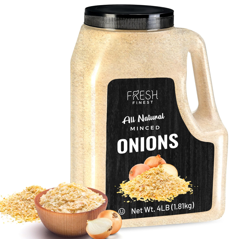 Fresh Finest minced onions 4lb bulk jar for quick, ready-to-use flavor in soups and meats.