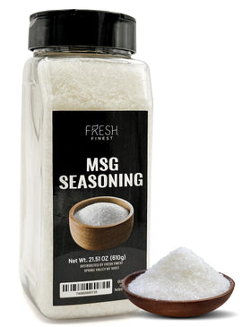 Fresh Finest MSG Seasoning jar front label showing pure flavor enhancer for tastier meals.
