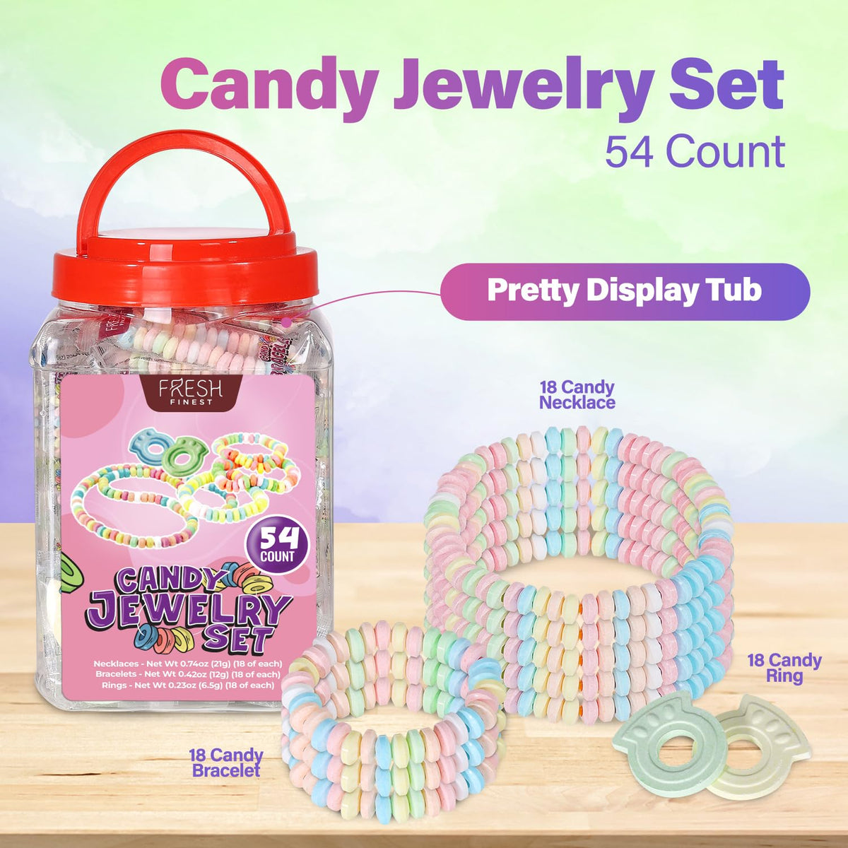 Fresh Finest candy rings in pastel colors, edible jewelry for celebrations.