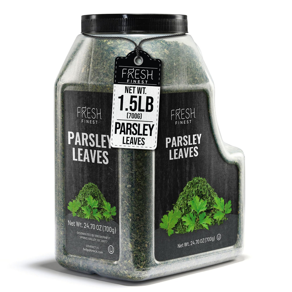 Fresh Finest parsley flakes in a bulk jar add vibrant color and fresh aroma.