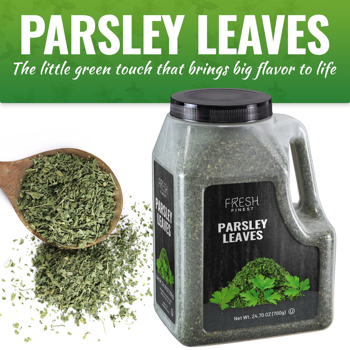 Fresh Finest parsley leaves in the jar for convenient, bulk herb use.