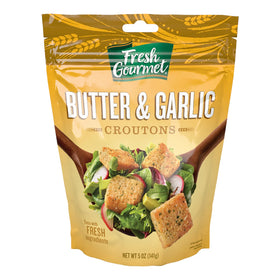 Fresh Gourmet Butter & Garlic Croutons in pack front add savory crunch to salads