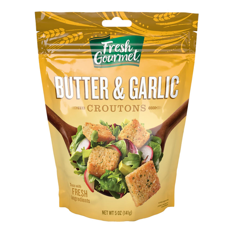 Fresh Gourmet Butter & Garlic Croutons in pack front add savory crunch to salads