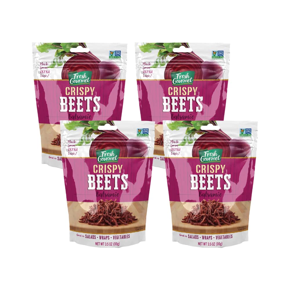 Fresh Gourmet Crispy Balsamic Beets bag closeup highlighting bold color and crunchy texture for salads.
