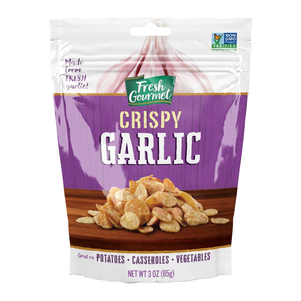 Fresh Gourmet crispy garlic chips close-up for salads and pastas