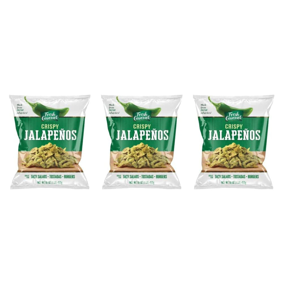 Fresh Gourmet Crispy Jalapeños bag close-up with resealable packaging.