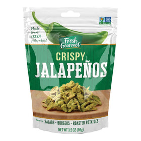 Fresh Gourmet crispy jalapenos packaging shown for six-pack convenience and bold flavor
