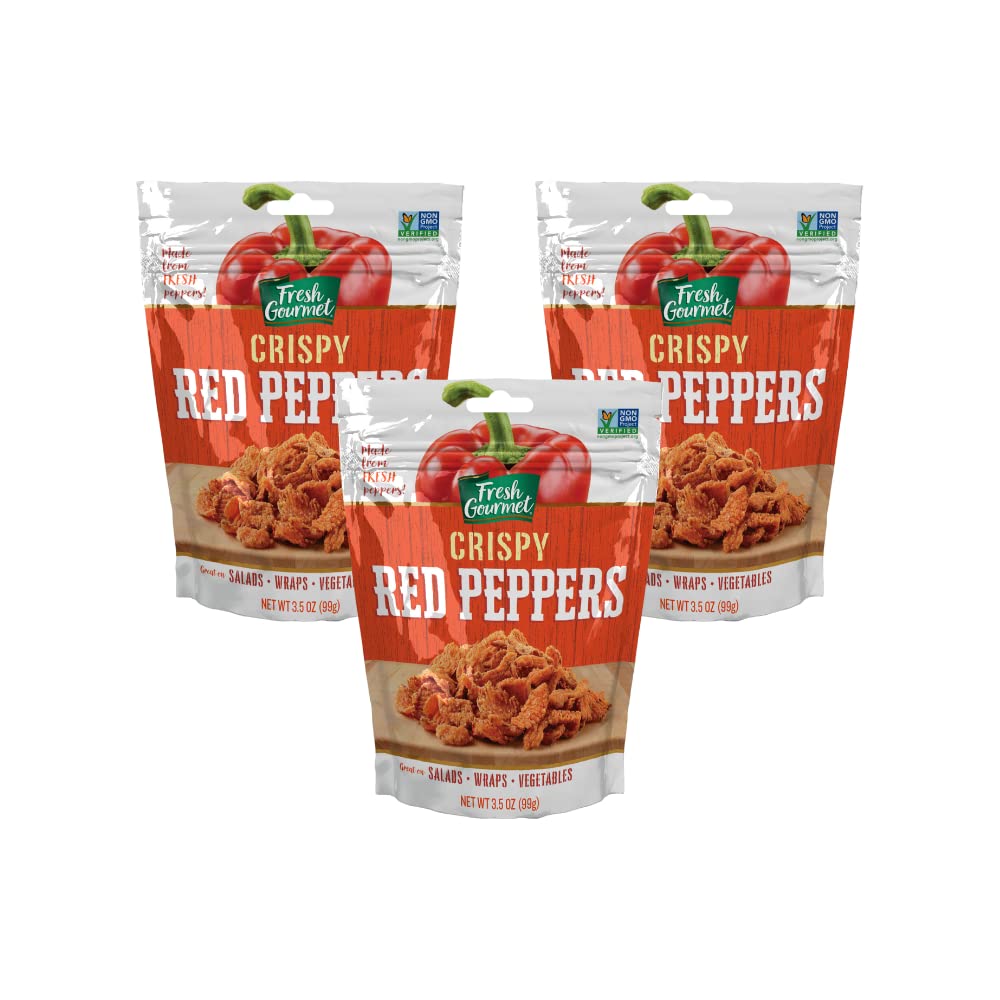 Fresh Gourmet Crispy Red Peppers bag close-up, ideal as a salad topping for crunch.