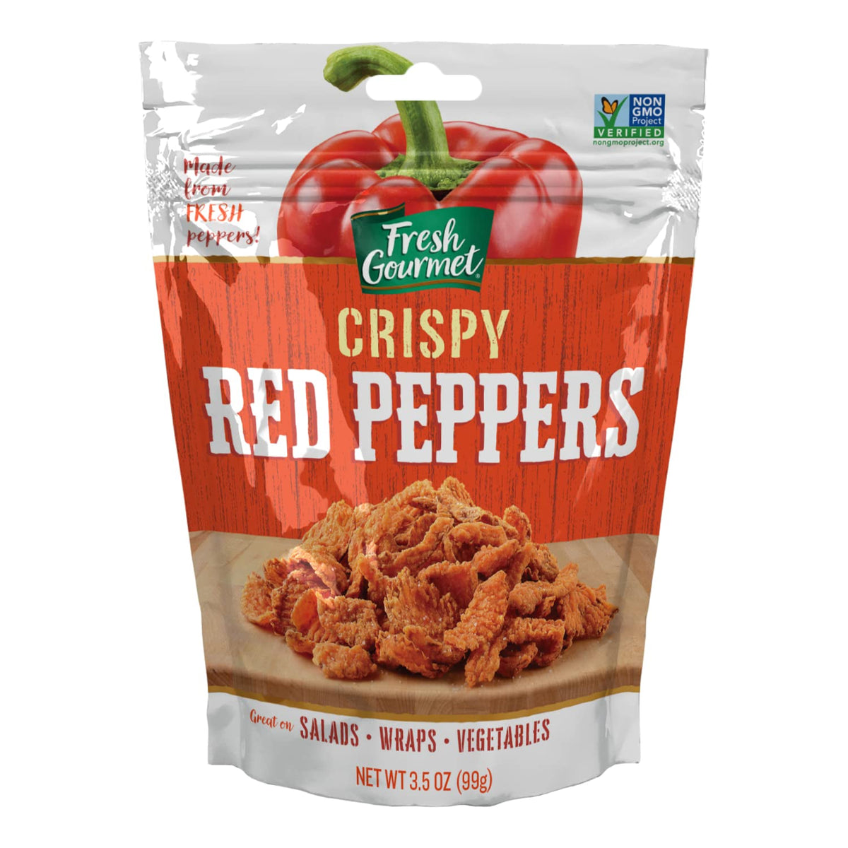 Fresh Gourmet Crispy Red Peppers in a resealable bag for easy snacking.