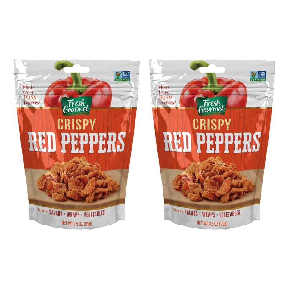 Fresh Gourmet Crispy Red Peppers snack bags show a crunchy topping for salads