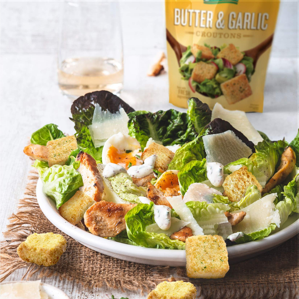 Generous croutons with herb and spice seasoning elevate flavor