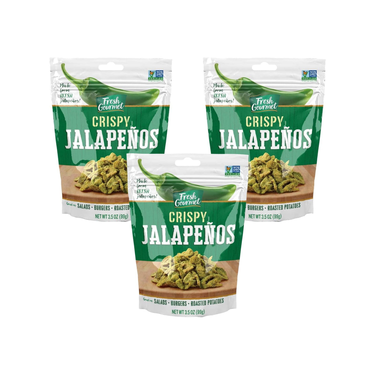 Fresh Gourmet crispy jalapenos 3-5oz pack on a salad for crunchy heat