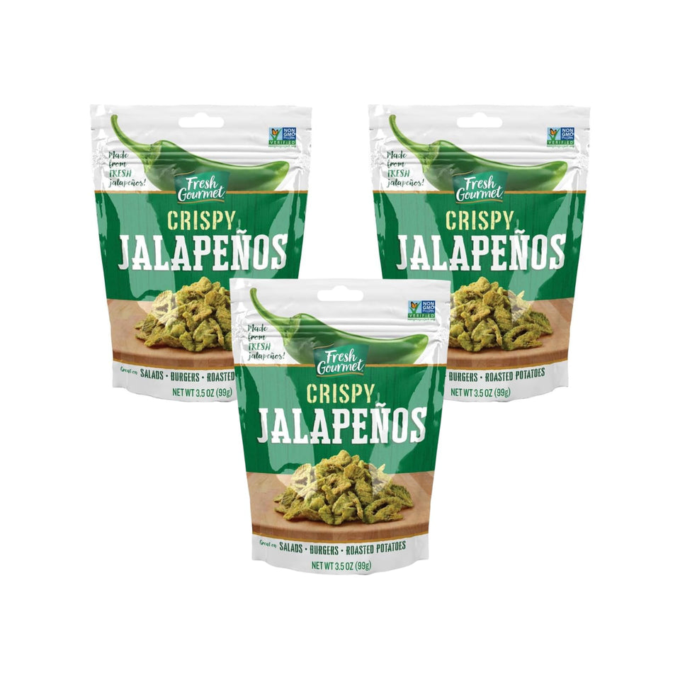 Fresh Gourmet crispy jalapenos 3-5oz pack on a salad for crunchy heat