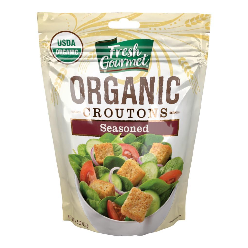 Fresh Gourmet organic croutons pack-9 front: bulk packaging for quick meal prep.