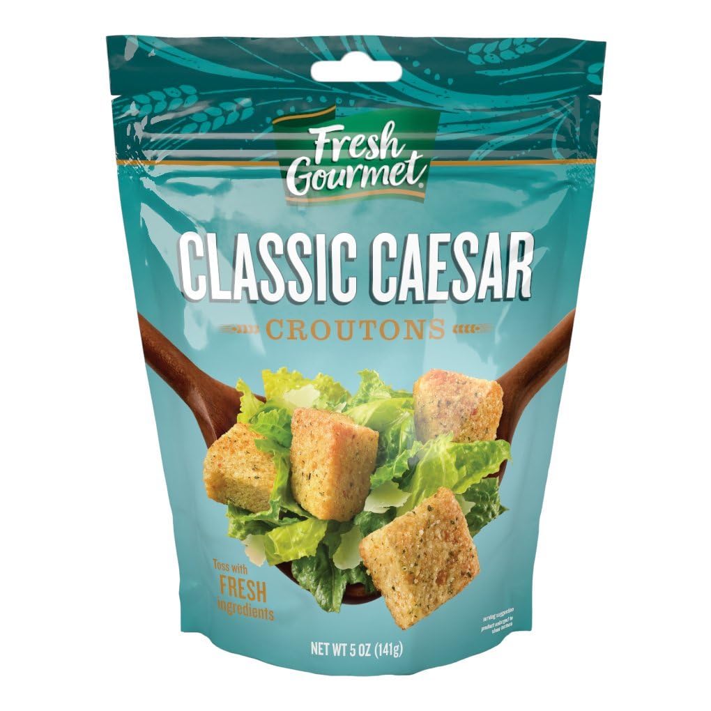 Fresh Gourmet Classic Caesar croutons in package delivering restaurant-style crunch to salads