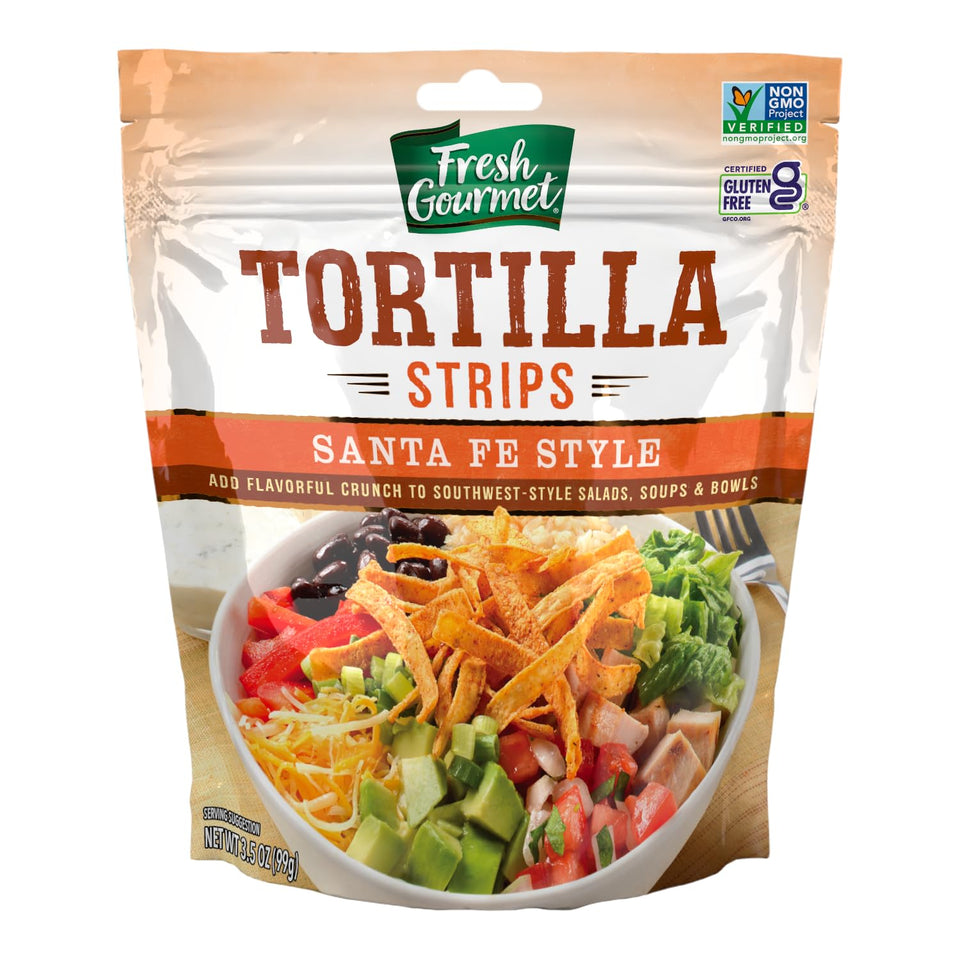 Fresh Gourmet Santa Fe tortilla strips on a salad plate for crunch.