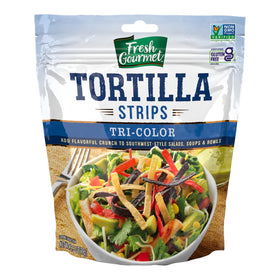 Fresh Gourmet Tri-Color Tortilla Strips on salad add color and crunch.