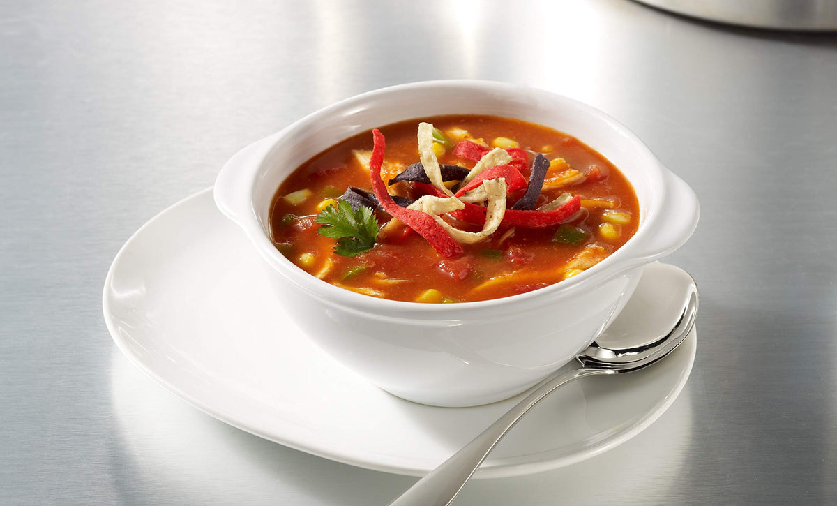 Tri-Color Tortilla Strips sprinkled over soup for texture.