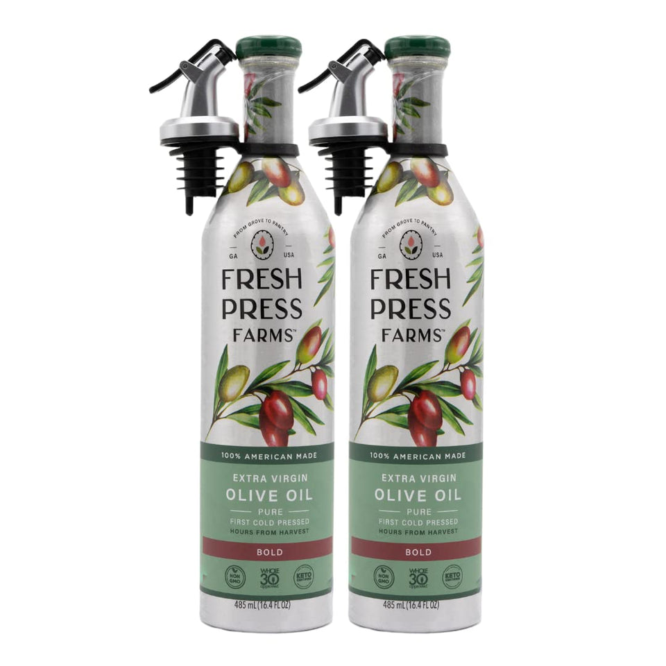 Fresh Press Farms Bold EVOO bottle pour for precise, flavorful marinades