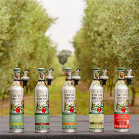 Fresh Press Farms Bold EVOO pantry storage depicts easy, non-GMO option