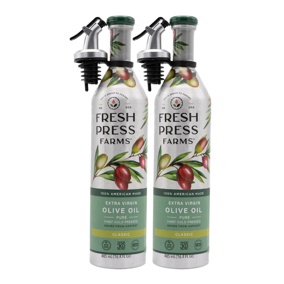 Fresh Press Farms Classic EVOO bottle pour for effortless drizzle on salads.