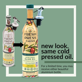 Fresh Press Farms cold-pressed EVOO bottle on a kitchen counter for versatile cooking