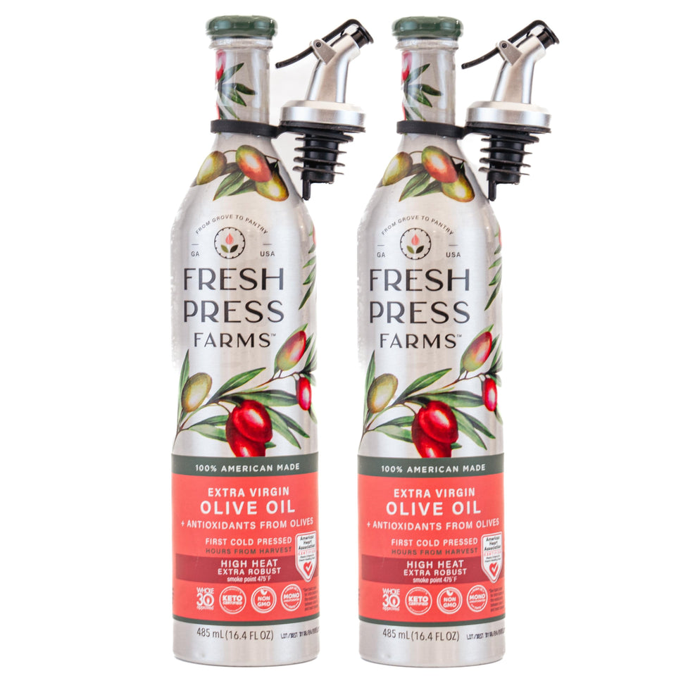Fresh Press Farms high heat EVOO bottle pour for precise pan frying
