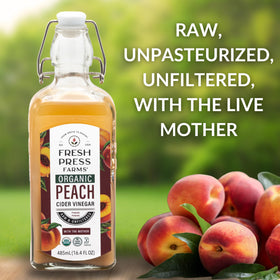 Fresh Press Farms peach cider vinegar bottle with mother for marinades.