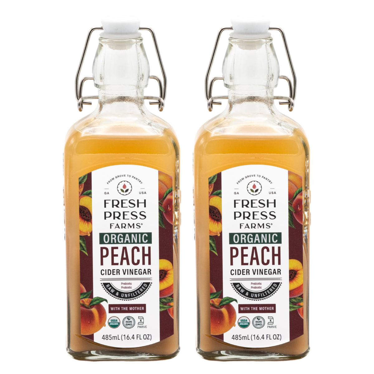 Fresh Press Farms peach cider vinegar bottle for daily dressings.