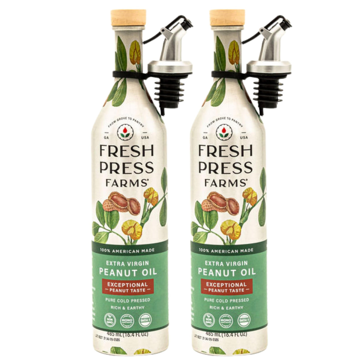 Fresh Press Farms peanut oil bottle pour shows smooth flow for frying and dressings.