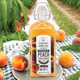 Peach cider vinegar bottle ideal for salad dressings and marinades.