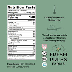 Fresh Press Farms oil nutrition label shows vitamins and omega-9s