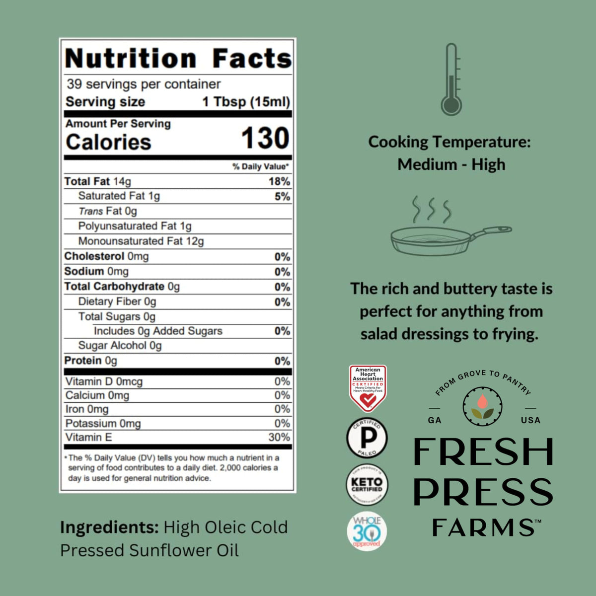 Whole30 and Keto friendly Fresh Press Farms sunflower oil.