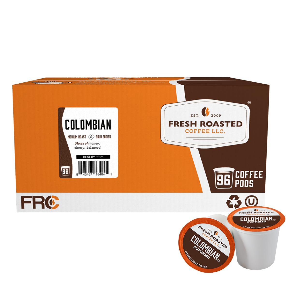 Fresh Roasted Coffee 100% Colombian medium roast pods on display, silky smooth flavor.