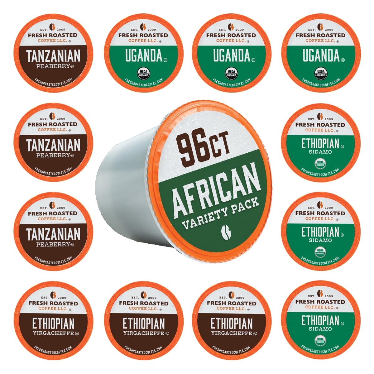 Fresh Roasted Coffee African Variety Pack K-Cup pods ready for quick brewing.