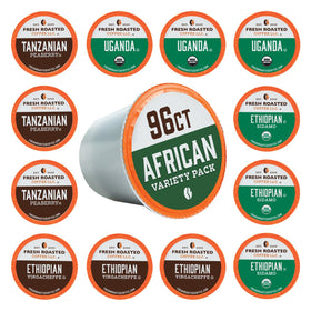 Fresh Roasted Coffee African Variety Pack K-Cup pods ready for quick brewing.