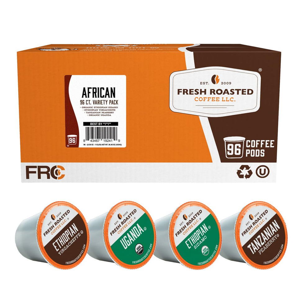 Fresh Roasted Coffee African Variety Pack packaging highlights sustainable materials.