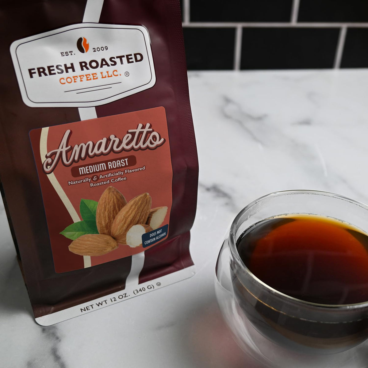 Fresh Roasted Coffee amaretto flavor cup ready for a smooth almond aroma.