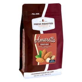 Fresh Roasted Coffee Amaretto flavored coffee bag showing almond aroma and convenient storage