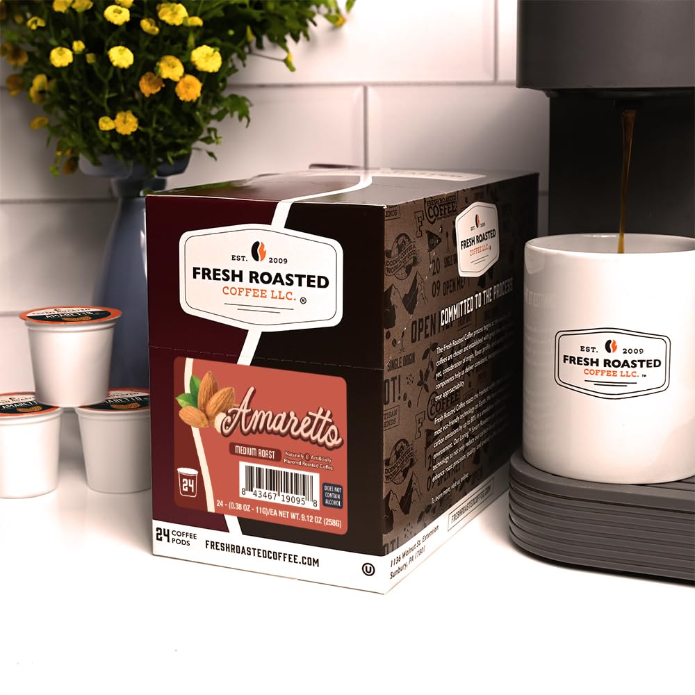 Fresh Roasted Coffee Amaretto pods on shelf suggest cozy breaks.